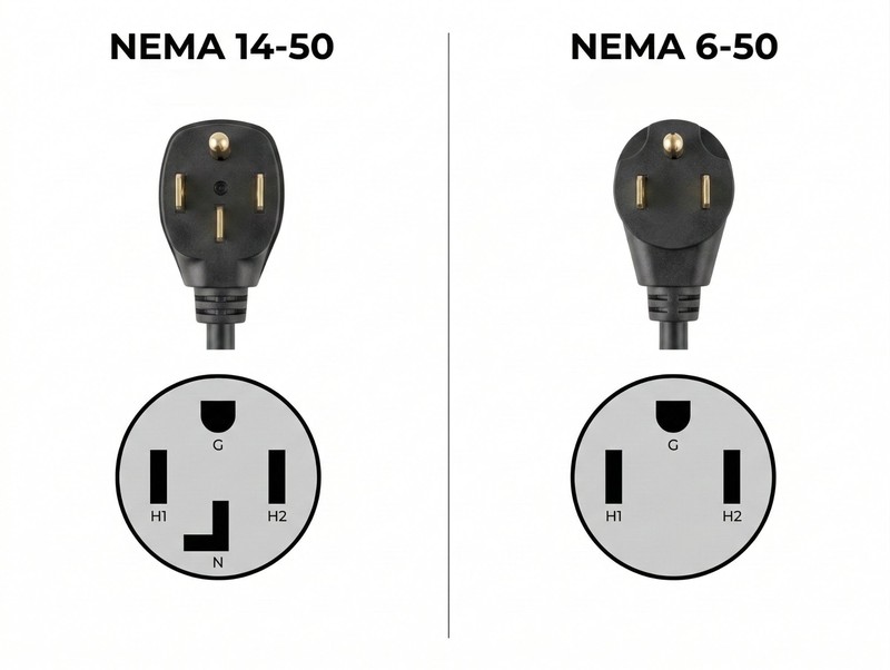 NEMA 14-50 and NEMA 6-50 outlet plug types for EV chargers