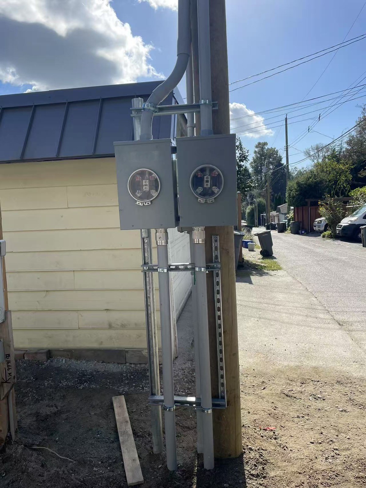 New private service pole, overhead service, dual meter upgrade
